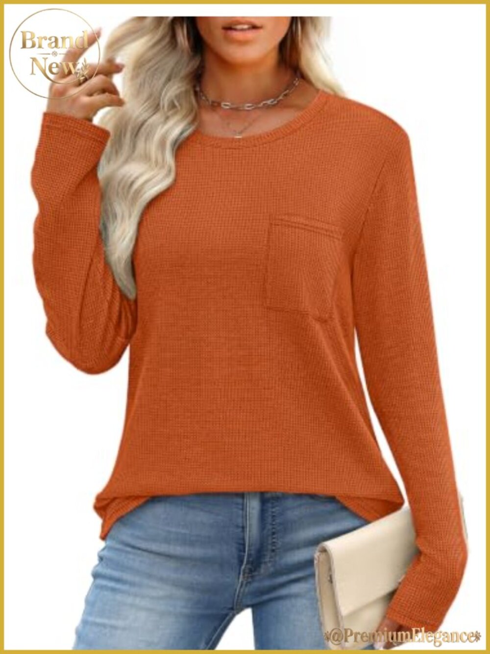 Waffle Knit Long Sleeve Blouse with Pocket Curved Hem Casual - Picture 2 of 6
